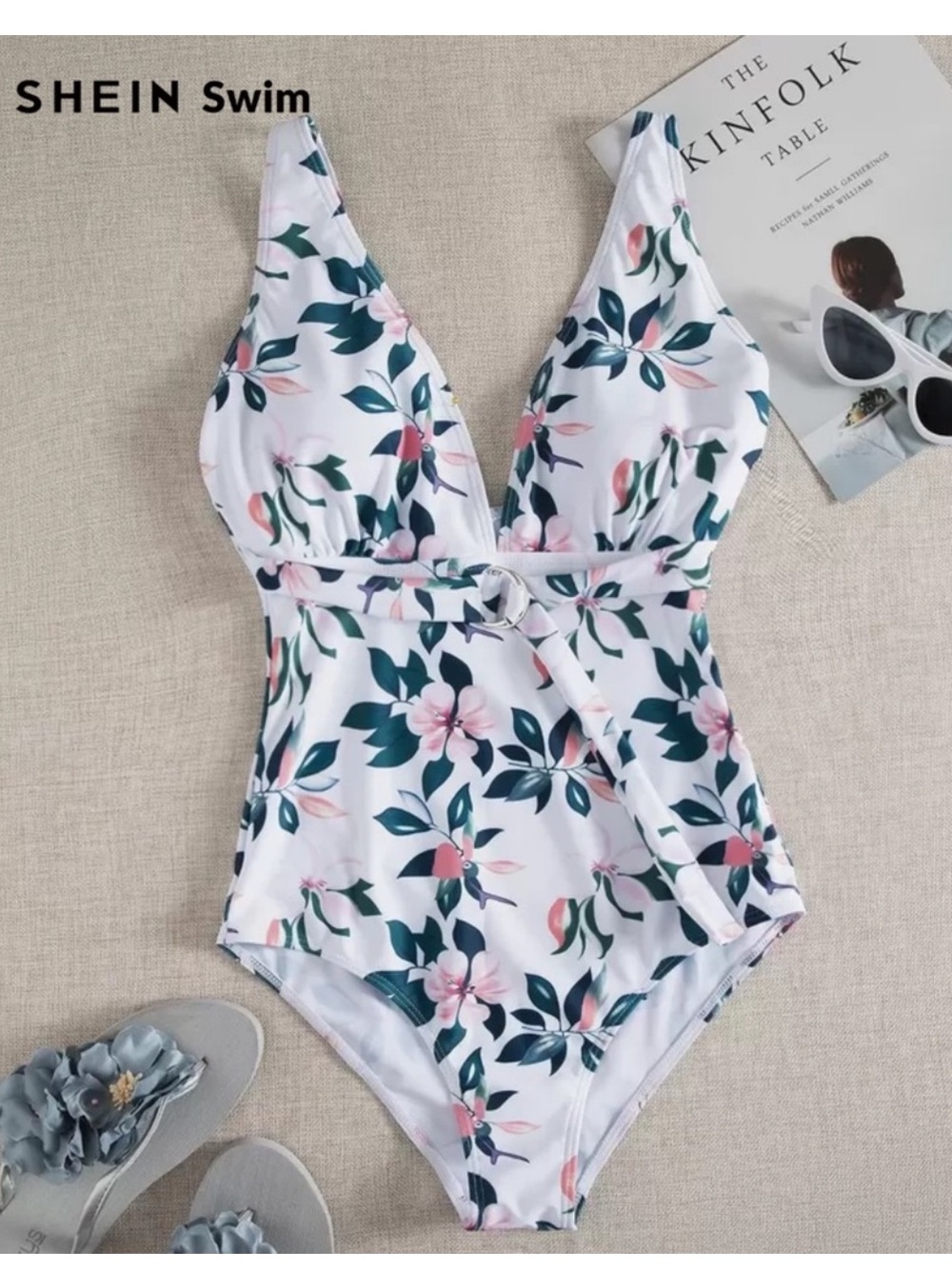 SHEIN Floral V-Neck One Piece - White and Pink - Preowned